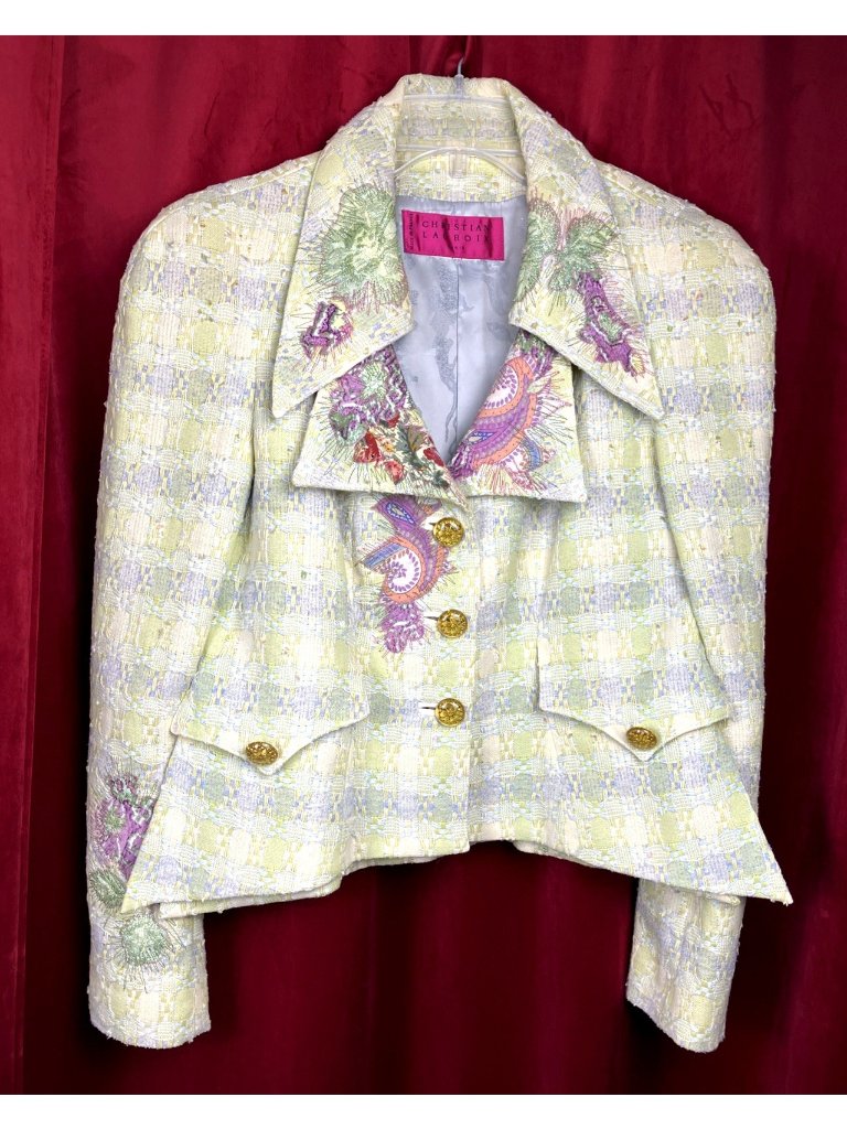 36 Vintage 1990s Christian Lacroix Embroidered Tweed Skirt Suit Point Collar